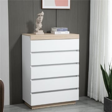 CASSETTIERA 5 CASSETTI MINIMAL IN LEGNO, 80X40X109 CM, BIANCO E COLOR ROVERE