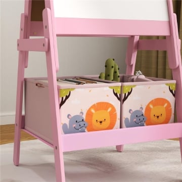 CAVALLETTO ARTISTICO PER BAMBINI 3-8 ANNI CON LAVAGNA A 2 LATI E 2 CESTINI CONTENITORI, IN LEGNO, 53.5X49X113 CM, ROSA