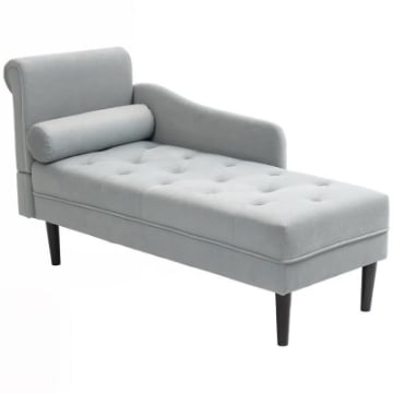 CHAISE LONGUE CON RIVESTIMENTO TRAPUNTATO EFFETTO VELLUTO GRIGIO, IN LEGNO MASSELLO E SPUGNA, 146X61X82.5 CM