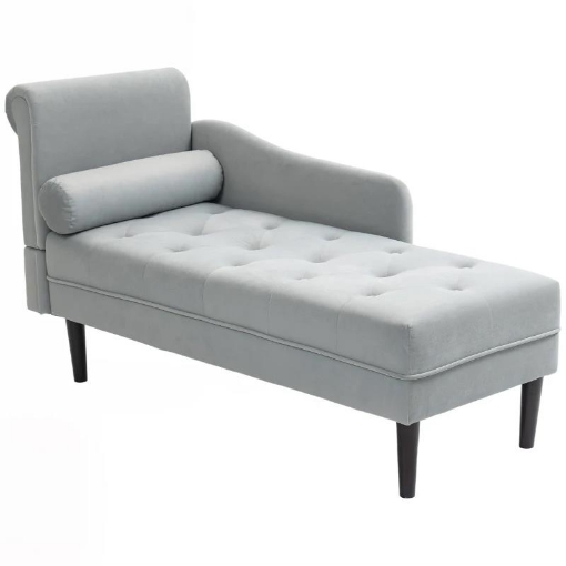 CHAISE LONGUE CON RIVESTIMENTO TRAPUNTATO EFFETTO VELLUTO GRIGIO, IN LEGNO MASSELLO E SPUGNA, 146X61X82.5 CM