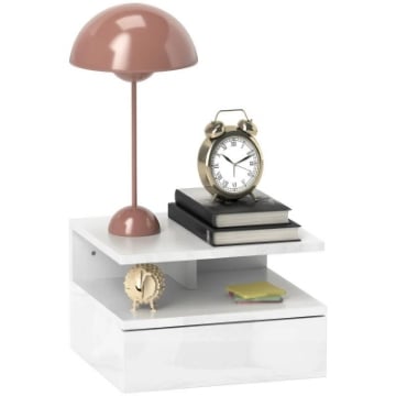 COMODINO SOSPESO PER CAMERA DA LETTO CON CASSETTO E RIPIANO APERTO IN LEGNO, 35X32X22.5 CM, BIANCO