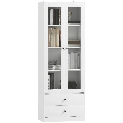 CREDENZA CUCINA CON ARMADIETTO E 2 CASSETTI, ANTE IN VETRO E RIPIANI REGOLABILI, 59X30X164 CM, BIANCO