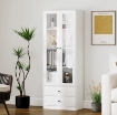CREDENZA CUCINA CON ARMADIETTO E 2 CASSETTI, ANTE IN VETRO E RIPIANI REGOLABILI, 59X30X164 CM, BIANCO