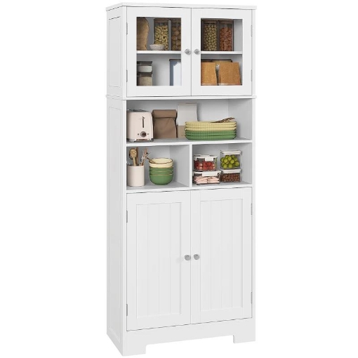 CREDENZA CUCINA CON 2 ARMADIETTI E 3 VANI APERTI, ANTE A VETRO E RIPIANI REGOLABILI, 60X30X145.5 CM, BIANCO