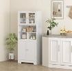 CREDENZA CUCINA CON 2 ARMADIETTI E 3 VANI APERTI, ANTE A VETRO E RIPIANI REGOLABILI, 60X30X145.5 CM, BIANCO
