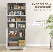 CREDENZA CUCINA CON 2 ARMADIETTI E 3 VANI APERTI, ANTE A VETRO E RIPIANI REGOLABILI, 60X30X145.5 CM, BIANCO