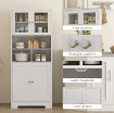 CREDENZA CUCINA CON 2 ARMADIETTI E 3 VANI APERTI, ANTE A VETRO E RIPIANI REGOLABILI, 60X30X145.5 CM, BIANCO