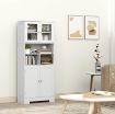 CREDENZA CUCINA CON 2 ARMADIETTI E 3 VANI APERTI, ANTE A VETRO E RIPIANI REGOLABILI, 60X30X145.5 CM, BIANCO