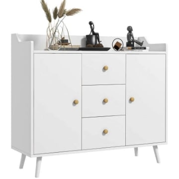 CREDENZA MODERNA IN LEGNO CON 3 CASSETTI E 2 ARMADIETTI A 2 LIVELLI, 90X32X80 CM, BIANCO