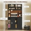 CREDENZA DA CUCINA ALTA STILE RUSTICO CON 2 ARMADIETTI, PORTABOTTIGLIE, PRESE DI RICARICA E LUCI LED, NERO