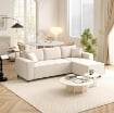 DIVANO CON PENISOLA A 3 POSTI IN TESSUTO EFFETTO VELLUTO, SCHIUMA E NYLON, 241X153X83 CM, BIANCO CREMA