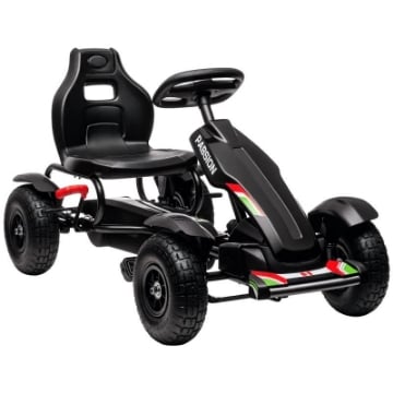 GO KART A PEDALI PER BAMBINI 5-12 ANNI IN PP E METALLO NERO CON SEDILE REGOLABILE E FRENO A MANO 121X58X61 CM