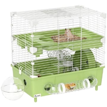 GABBIA PER CRICETI A 2 LIVELLI E 3 PORTE CON RUOTA E TUBI IN ACCIAIO PS E PP 44.5X28X44 CM VERDE E BIANCO
