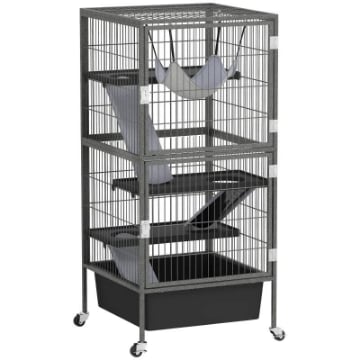 GABBIA PER PICCOLI ANIMALI A 4 LIVELLI CON RAMPE PIATTAFORME AMACA E RUOTE 52X52X115 CM GRIGIO