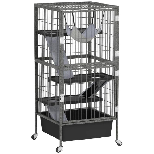 GABBIA PER PICCOLI ANIMALI A 4 LIVELLI CON RAMPE PIATTAFORME AMACA E RUOTE 52X52X115 CM GRIGIO