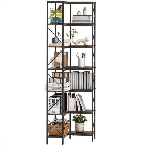 LIBRERIA ANGOLARE INDUSTRIALE A 7 LIVELLI, IN LEGNO E ACCIAIO, 60X60X198 CM, MARRONE RUSTICO
