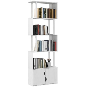 LIBRERIA MODERNA CON 5 RIPIANI E ARMADIETTO A 2 ANTE IN LEGNO, 60X23.8X179.2 CM, BIANCO
