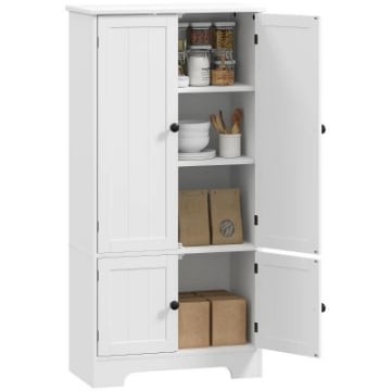 MOBILE CREDENZA DA CUCINA A 4 ANTE CON 2 ARMADIETTI E RIPIANO REGOLABILE, 58.2X30X123 CM, BIANCO