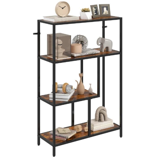 MOBILE LIBRERIA A 4 RIPIANI STILE INDUSTRIALE IN LEGNO E METALLO, 77X30X116 CM, MARRONE RUSTICO