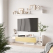 MOBILE TV CON MENSOLA A MURO, RIPIANI APERTI E ARMADIETTO IN LEGNO BIANCO E LEGNO NATURALE