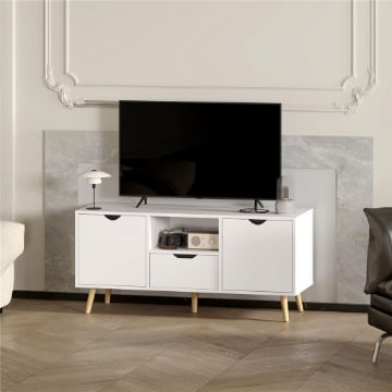 MOBILE PORTA TV MAX 50" CON CASSETTO, RIPIANO APERTO E ARMADIETTI, 110X40X50 CM, BIANCO E LEGNO