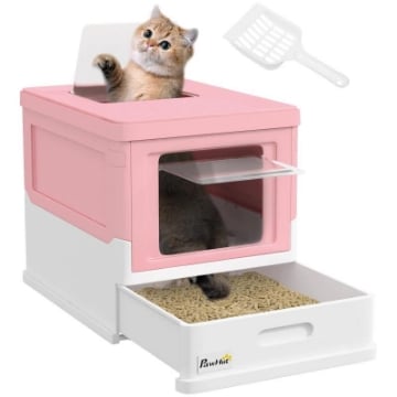 LETTIERA PER GATTI CHIUSA IN PP A 2 PORTE CON PALETTA E VASSOIO ESTRAIBILE 47.5X35.5X36.7 CM ROSA E BIANCO