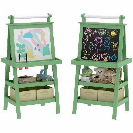 LAVAGNA PER BAMBINI CON CAVALLETTO 3 IN 1, ROTOLO DI CARTA E 2 CONTENITORI, IN LEGNO, 59X48X118 CM, VERDE