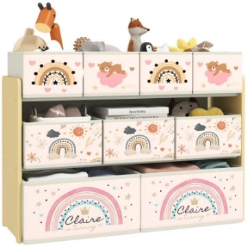 MOBILE PORTAGIOCHI PER BAMBINI A 3 LIVELLI CON 9 CONTENITORI IN TESSUTO, 93X30X70 CM, GIALLO