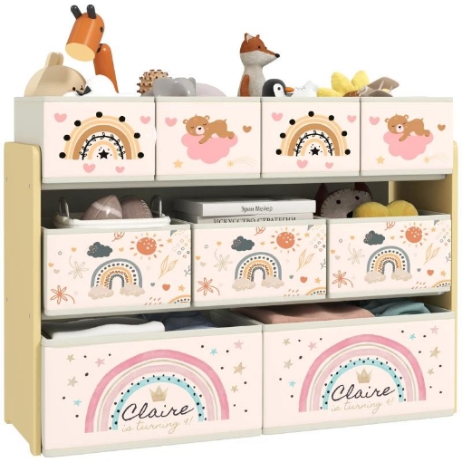 MOBILE PORTAGIOCHI PER BAMBINI A 3 LIVELLI CON 9 CONTENITORI IN TESSUTO, 93X30X70 CM, GIALLO