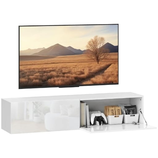 MOBILE TV SOSPESO PER TELEVISORI DA 45"-55"-65" CON 2 ARMADIETTI E ANTE A RIBALTA, 140X33X29.8 CM, BIANCO