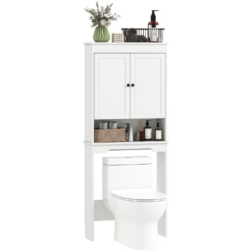 MOBILE SOPRA WC CON 3 MENSOLE CHIUSE E RIPIANO APERTO, IN LEGNO, 65X22X161 CM, BIANCO