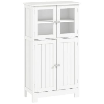 MOBILETTO BAGNO CON DUE ARMADIETTI, ANTE IN VETRO E RIPIANO REGOLABILE, 60X30X108.5 CM, BIANCO