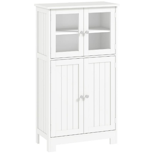 MOBILETTO BAGNO CON DUE ARMADIETTI, ANTE IN VETRO E RIPIANO REGOLABILE, 60X30X108.5 CM, BIANCO