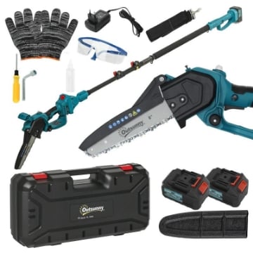 MOTOSEGA A BATTERIE 2 IN 1 CON PALO TELESCOPICO, MOTORE BRUSHLESS, 2 BATTERIE E BLOCCO DI SICUREZZA, BLU