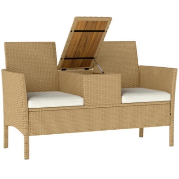 PANCA DA GIARDINO CON TAVOLINO A RIBALTA PORTAOGGETTI IN RATTAN E ACCIAIO 134X58X82 CM CREMA E CACHI