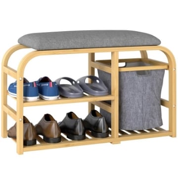 PANCA SCARPIERA DA INGRESSO CON SEDUTA IMBOTTITA DESIGN A DOGHE E CESTINO ESTRAIBILE 70X30X45 CM LEGNO