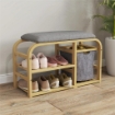 PANCA SCARPIERA DA INGRESSO CON SEDUTA IMBOTTITA DESIGN A DOGHE E CESTINO ESTRAIBILE 70X30X45 CM LEGNO