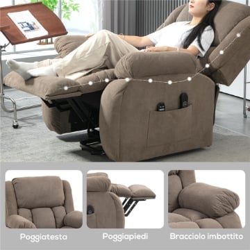 POLTRONA ALZAPERSONA MASSAGGIANTE E RECLINABILE CON 2 TASCHE E TELECOMANDO 93X104X105 CM MARRONE CHIARO