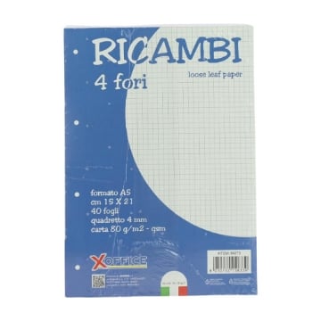 XOFFICE RICAMBI FOGLI FORMATO A5 QUADRETTO 4MM 40 PZ CARTA 80 GR OKX