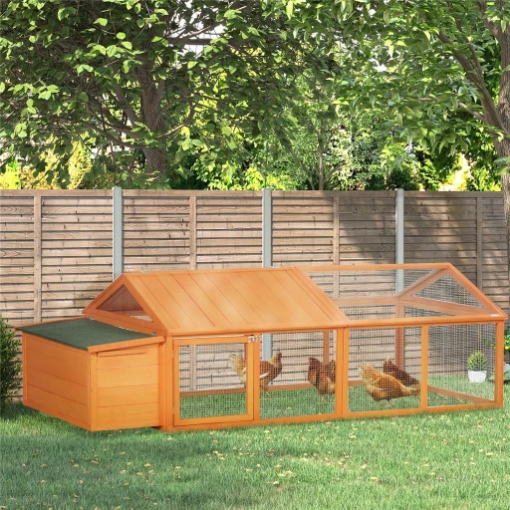 POLLAIO DA GIARDINO PER 4-8 GALLINE IN LEGNO CON RETE METALLICA E TETTO APRIBILE, 240X112.5X76 CM, ARANCIONE