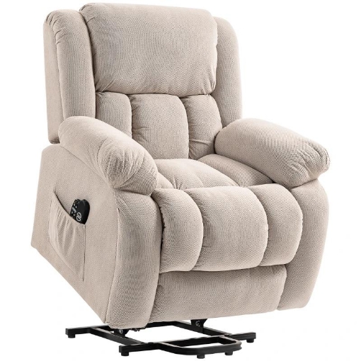 POLTRONA ALZAPERSONA MASSAGGIANTE E RECLINABILE CON 2 TASCHE E TELECOMANDO, 93X104X105 CM, BEIGE