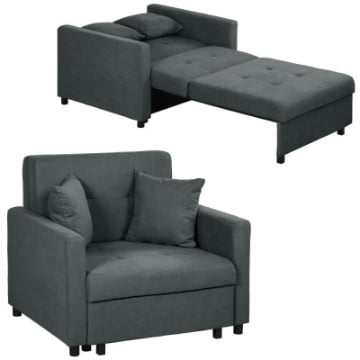 POLTRONA LETTO IN TESSUTO EFFETTO VELLUTO GRIGIO CON 2 CUSCINI E SPAZIO CONTENITORE, 100X98X88 CM
