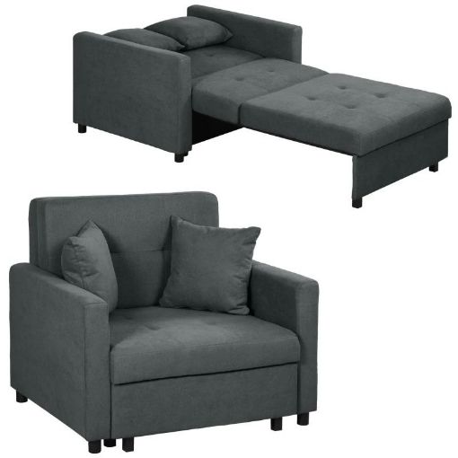 POLTRONA LETTO IN TESSUTO EFFETTO VELLUTO GRIGIO CON 2 CUSCINI E SPAZIO CONTENITORE, 100X98X88 CM