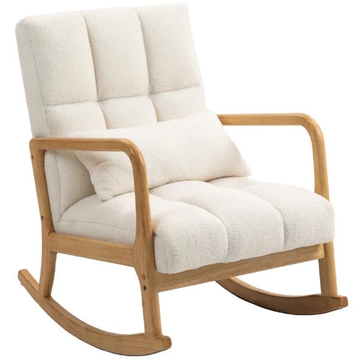 POLTRONA A DONDOLO 90¦-130¦ CON CUSCINO LOMBARE RIVESTITA IN TESSUTO SHERPA, 64.5X82X89 CM, BIANCO E COLOR LEGNO