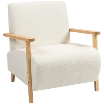 POLTRONA DA SALOTTO IN TESSUTO SHERPA CON BRACCIOLI E GAMBE IN LEGNO STILE NORDICO, CREMA