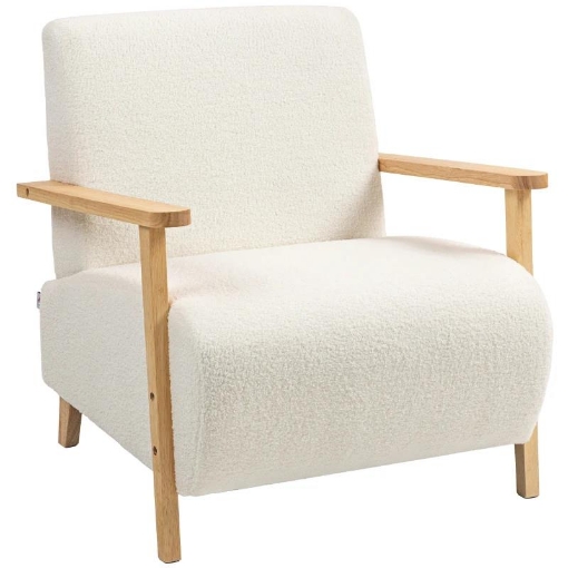 POLTRONA DA SALOTTO IN TESSUTO SHERPA CON BRACCIOLI E GAMBE IN LEGNO STILE NORDICO, CREMA