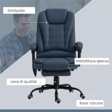 POLTRONA DA UFFICIO CON 7 PUNTI MASSAGGIANTI E POGGIAPIEDI, IN PELLE PU E ACCIAIO, 67X67X111-121 CM, BLU