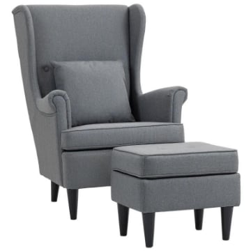 POLTRONA PER SALOTTO IN TESSUTO CON POUF POGGIAPIEDI, SCHIENALE ALTO E CUSCINO, 75X83X104 CM, GRIGIO