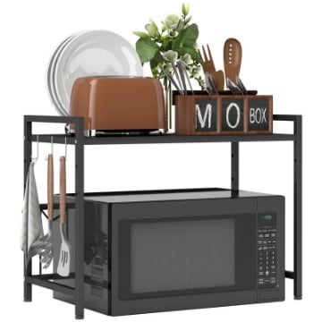 PORTA MICROONDE ESTENSIBILE A 2 LIVELLI CON 3 GANCI, IN METALLO, 39.5-64X32X47.5 CM, NERO