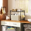PORTA MICROONDE ESTENSIBILE A 2 LIVELLI CON 3 GANCI, IN METALLO, 39.5-64X32X47.5 CM, NERO